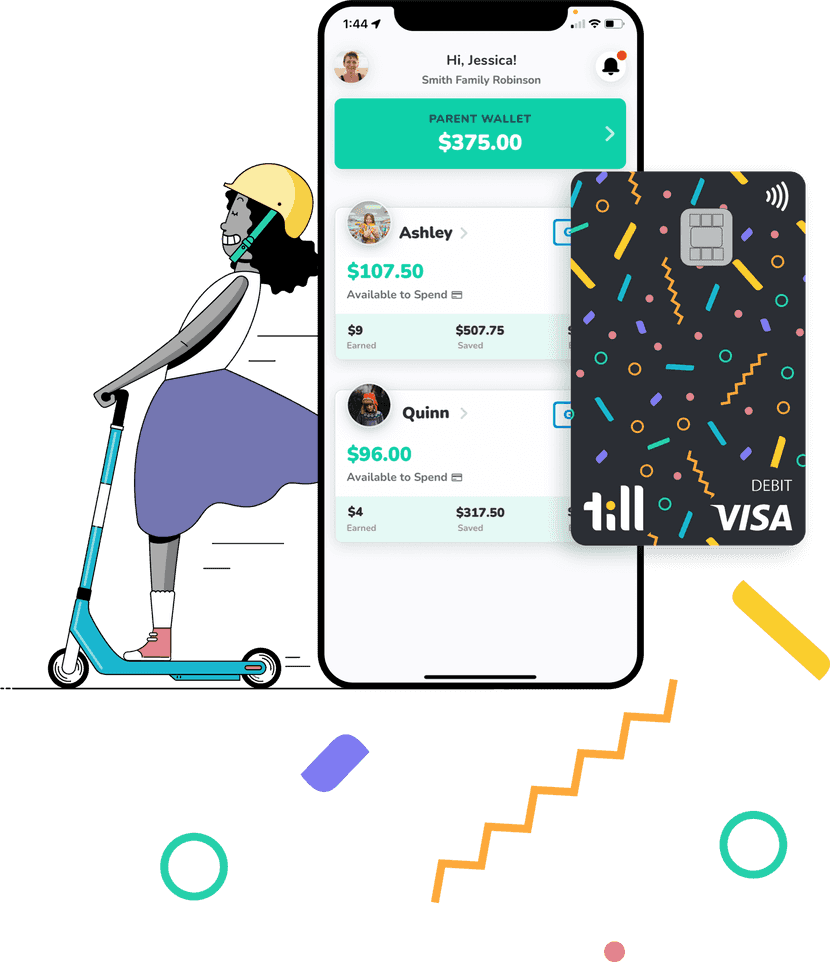 Illustrated image of a girl on a scooter smiling, next to a phone showing the Till app as well as a Till debit card