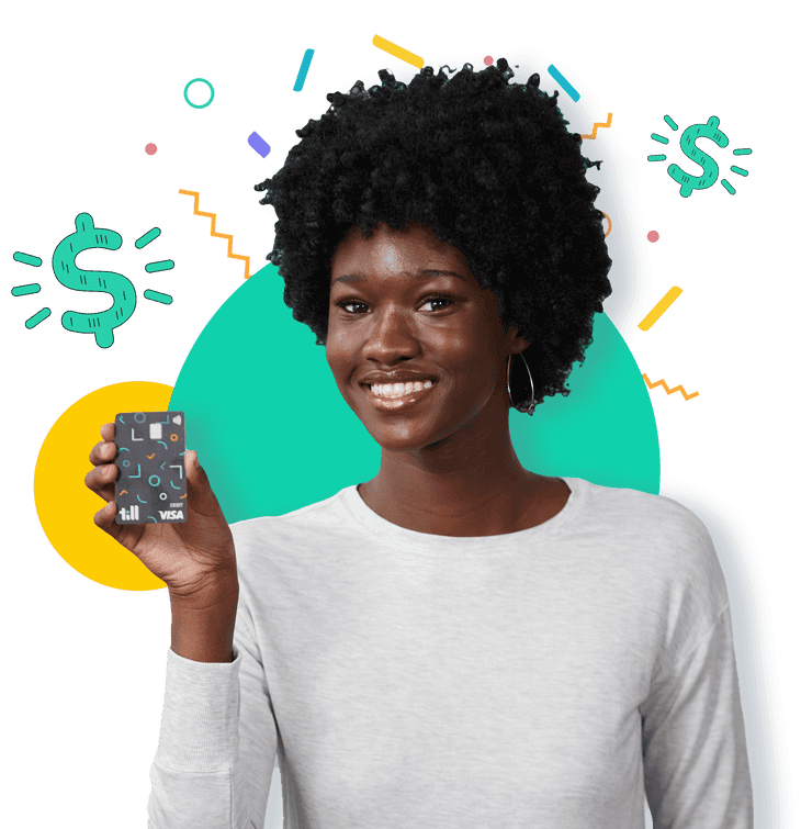 Teenager smiling and holding a Till debit card