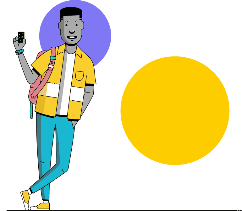 Illustration of kid leaning on a phone as tall as he is showing off his Till Debit Card
