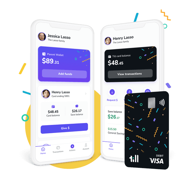 Two mobile phones standing side-by-side, one showing the Till application from the parent's point of view, and the other from the child's.
