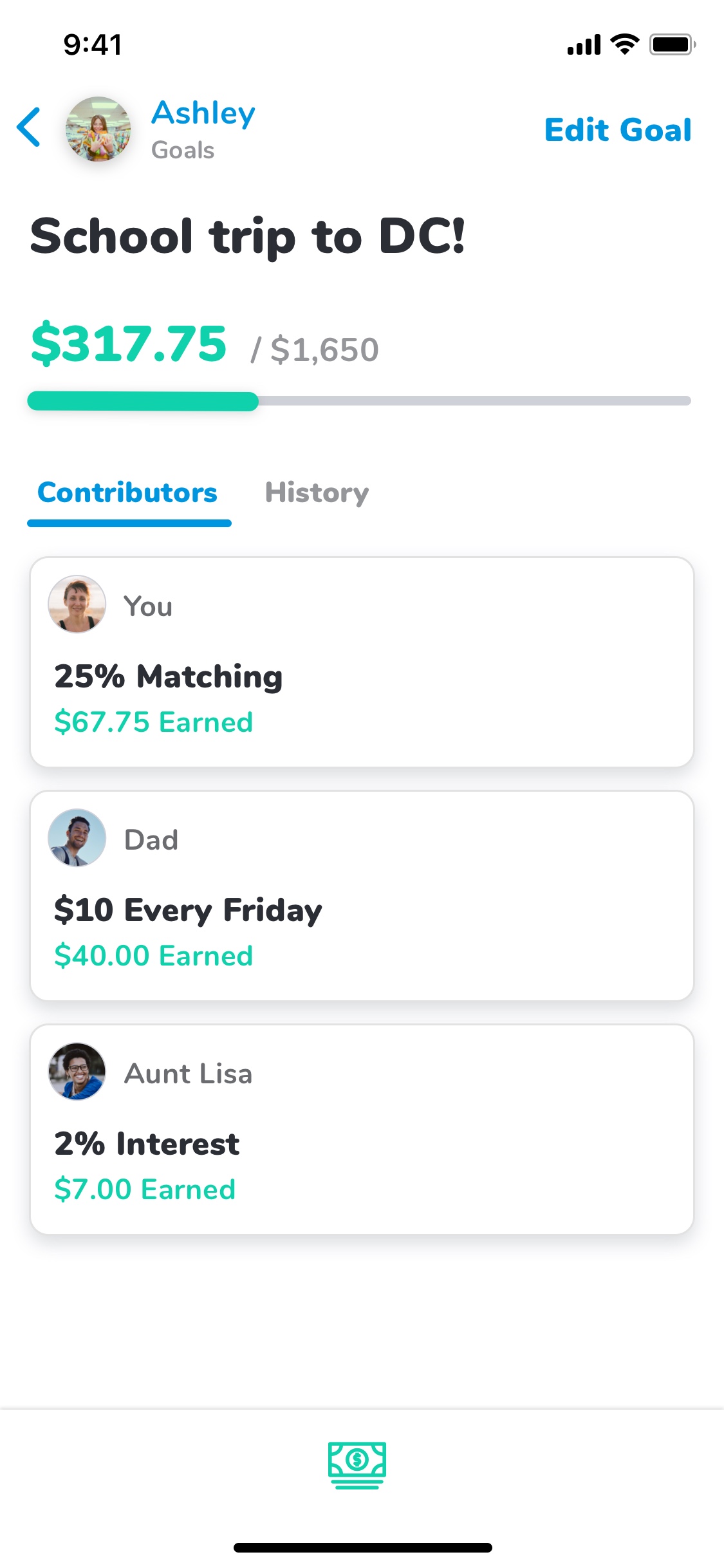 Screen grab of Till app's Savings Goal screen
