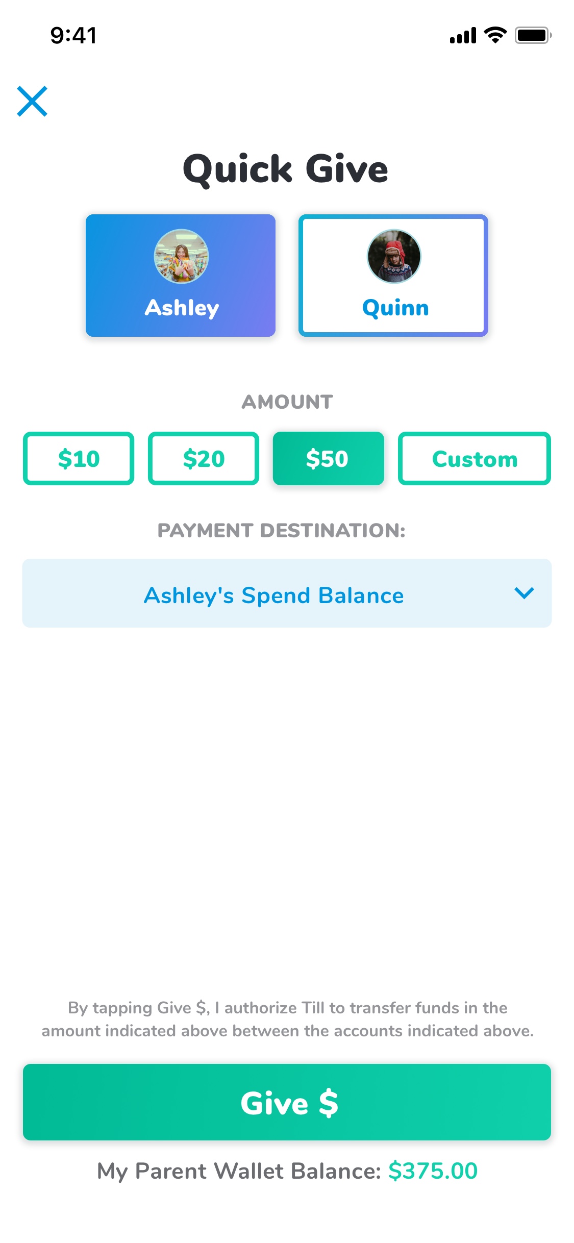 Screenshot of the Till Financial app showing how to send money to a kid's account