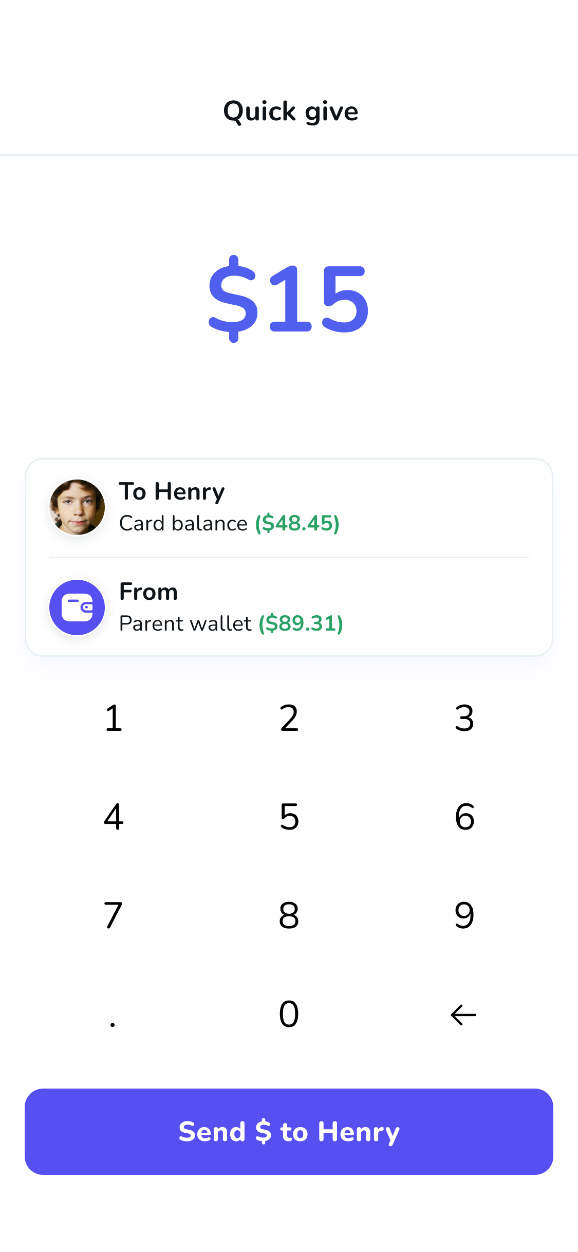Screenshot of the Till Financial app showing how to send money to a kid's account